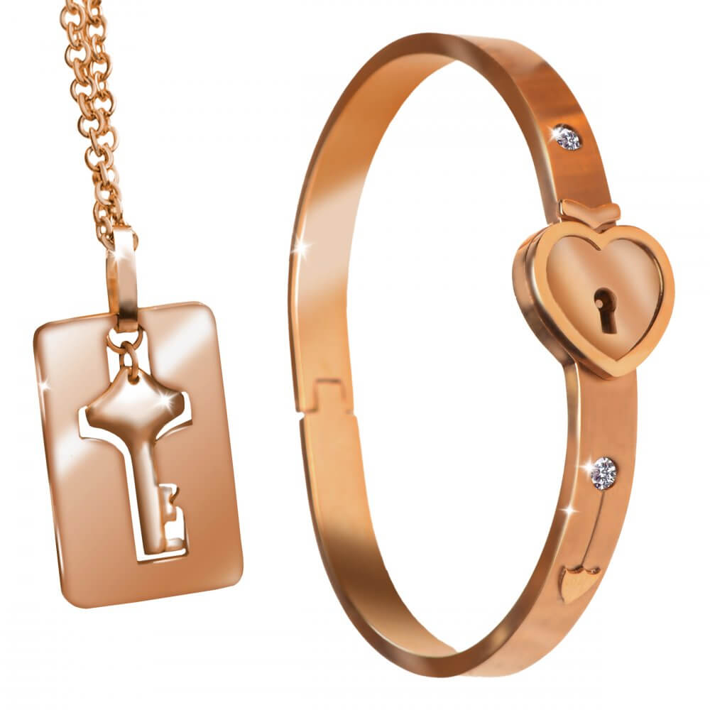 Cuffed Locking Bracelet and Key Necklace - Rose Gold