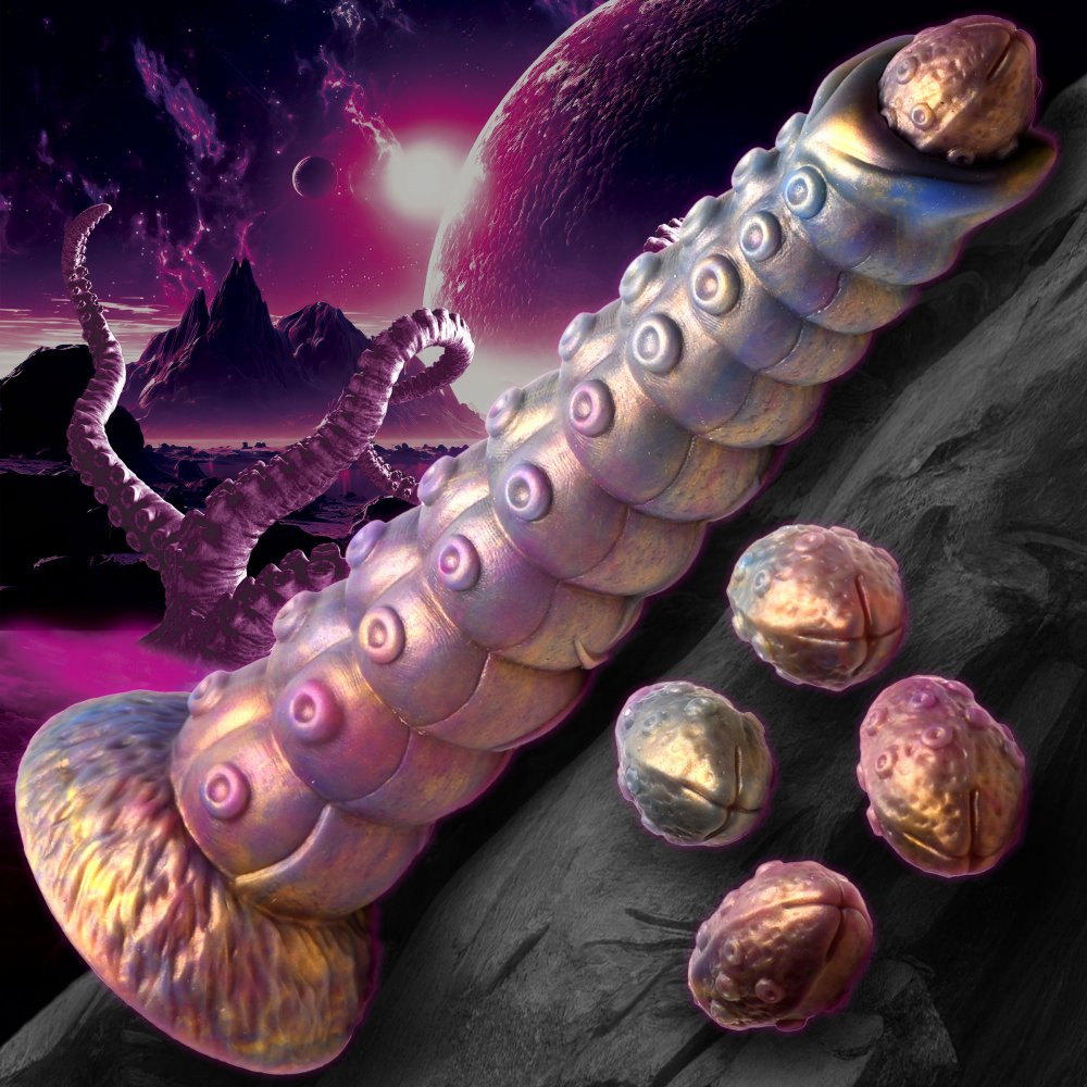 Fantasy Dildo: This golden, metallic, rainbow tentacle is hollow for eggs to slide through and coerced in little tentacle suckers!