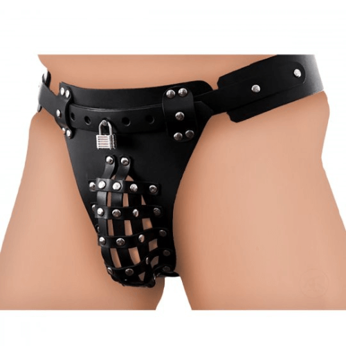 BDSM Chastity for Him - The Safety Net Leather Male Chastity Belt with Anal Plug Harness