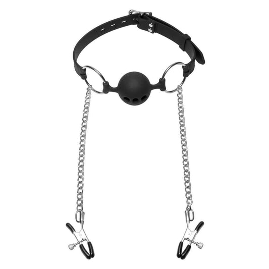 Breathable Silicone Ball Gag with Nipple Clamps